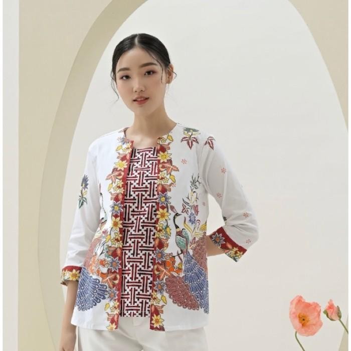 Blouse Batik Putih Cheongsam Baju Atasan Fashion Wanita Lengan Panjang