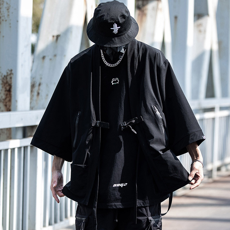 2023 Ribbon Hip Hop Punk Techwear Kimono Oversized Shirts Mens Japan Style Harajuku Casual Cargo