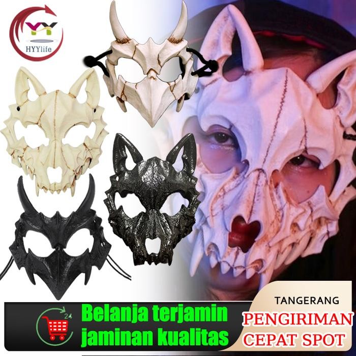 Topeng Setengah Wajah Tengkorak/Topeng Naga God Tiger Yasha Tengu