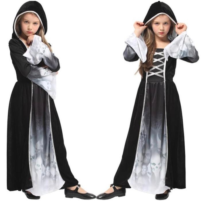 Kostum Penyihir Kerangka Anak Gadis Witch Gothic Skeleton Costume Halloween Girl