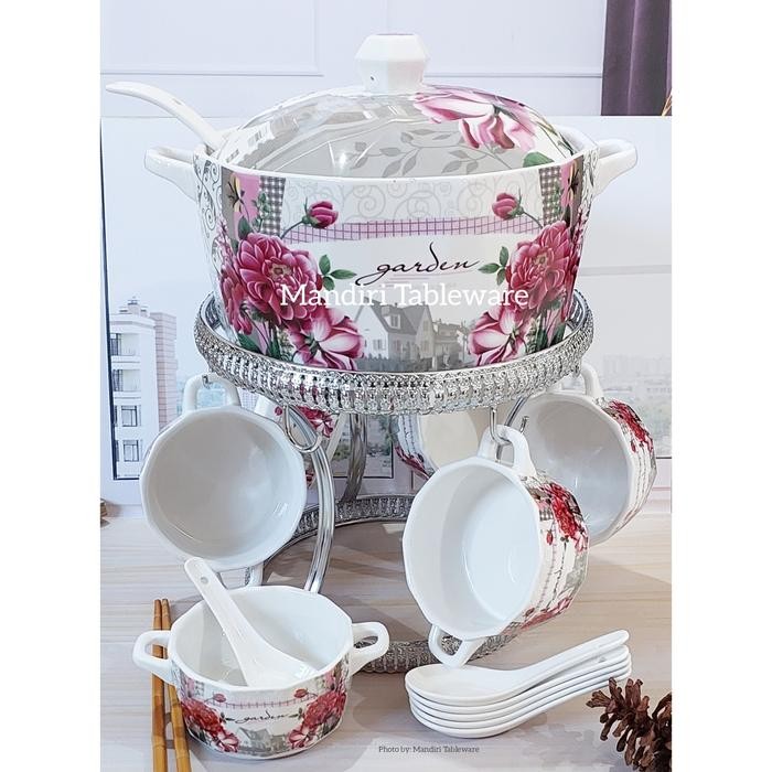 Soup Tureen Set Keramik with Rack Fiorenza Mangkok Sop Motif Garden Best Quality