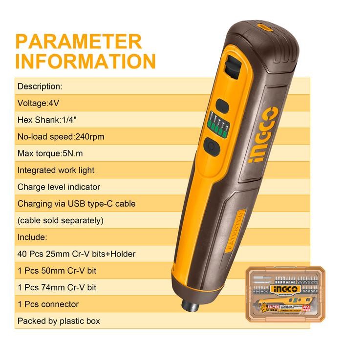 Mesin Obeng Cordless Screwdriver Set With Work Light INGCO CSDLI0403