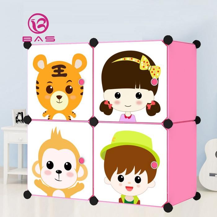 Bas Lemari Pakaian Plastik Lemari Susun Portable Lemari Baju Anak Rak Buku Karakter 4 Kotak