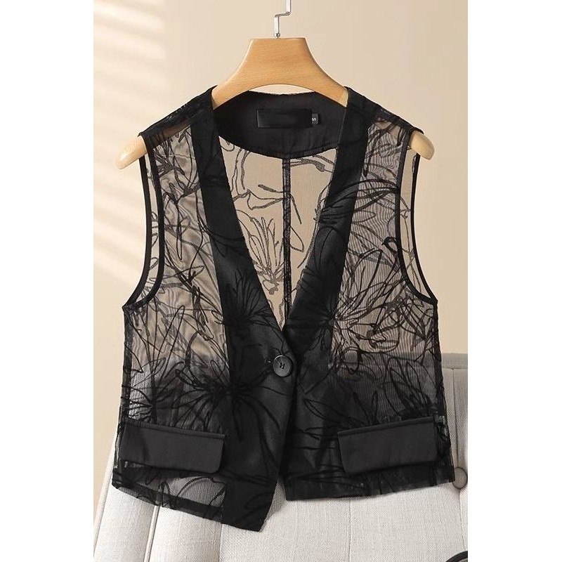 Women Fashion Thin Deep V Neck Sleeveless Pockets Short Vest Jacket Office Lady Single Breasted