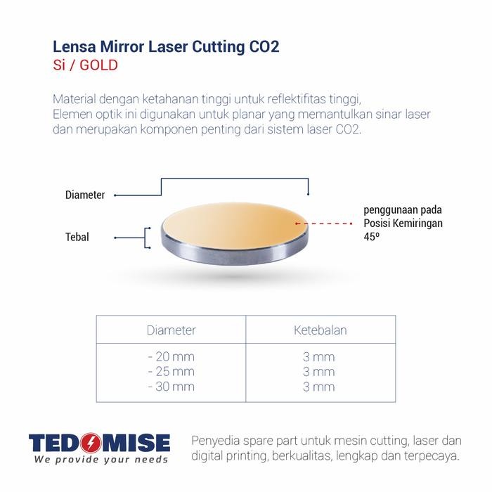 

Lensa Mirror/Lensa Pantul Untuk Laser Cutting Co2 Warna/Bahan Material Si/Gold, Mo/Silver, Si/Black,