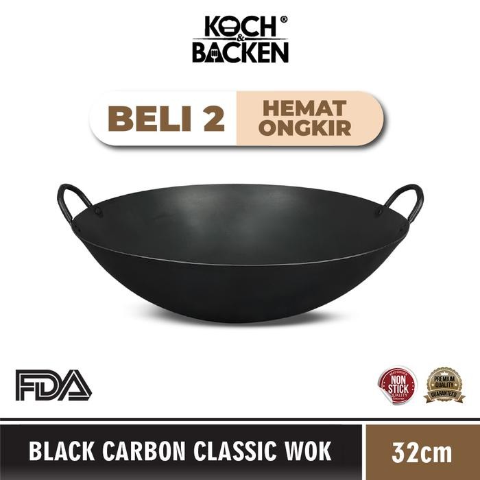 PREMIUM KOCH&BACKEN Black Carbon Wok Clasic Preseasoned 32cm - Wajan Penggorengan Kuali Hitam Anti