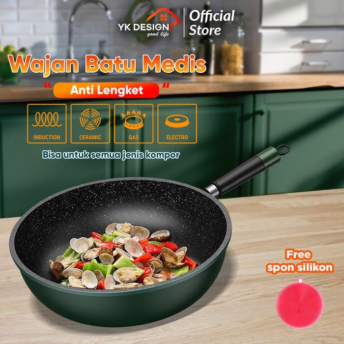 PREMIUM YK Design Wajan Batu Medis Warna Hijau Tua Gagang Plastik Besi Ukuran 32CM YK Design - 837