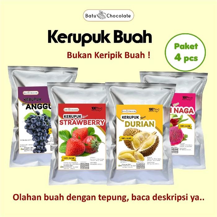 

New Paket Kerupuk Buah isi 4 pcs - Kerupuk Buah Strawberry Durian Anggur Naga