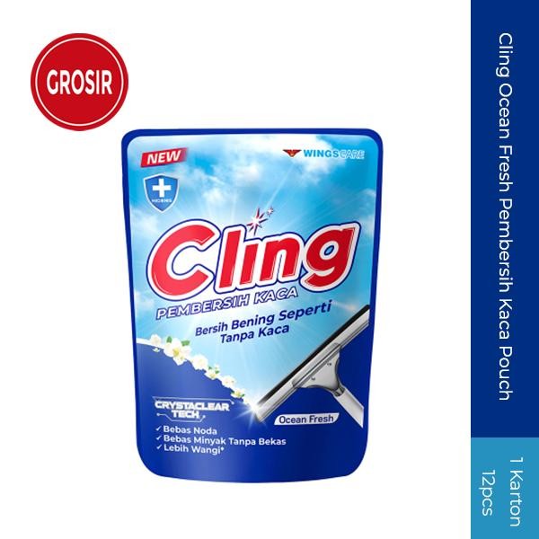 PREMIUM Cling Ocean Fresh Pembersih Kaca Pouch 425ml 1karton Grosir