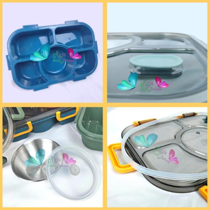 [Sp] Promo Termurah Kotak Makan Anti Tumpah 5 Grid 1400Ml /Lunch Box Set Tempat Bekal Makan Free