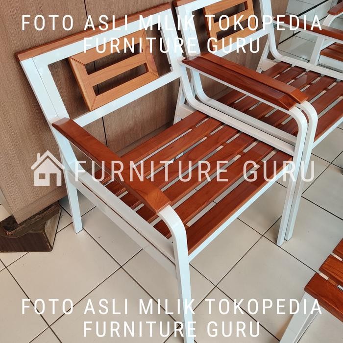 BEST Kursi Taman Minimalis Kursi Teras Full Besi Putih + Kayu Solid