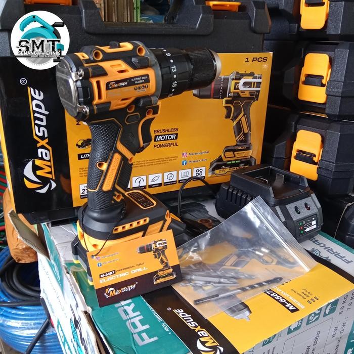 Mesin Bor Cordless 13Mm Brushless Maxsupe Baterai 1 Bor Tembok Bor Beton