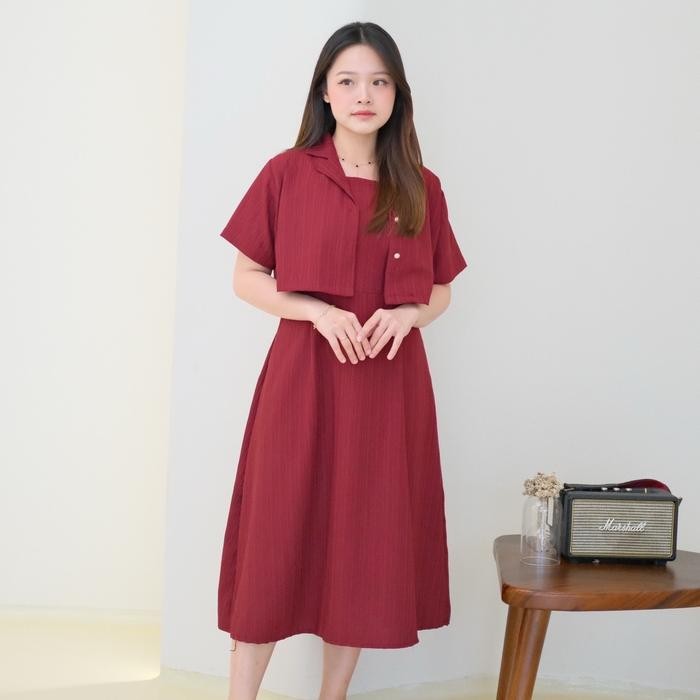 Hari Set 2in1 Midi Dress Blazer / Blazer Crop Kancing & Dress Midi Polos