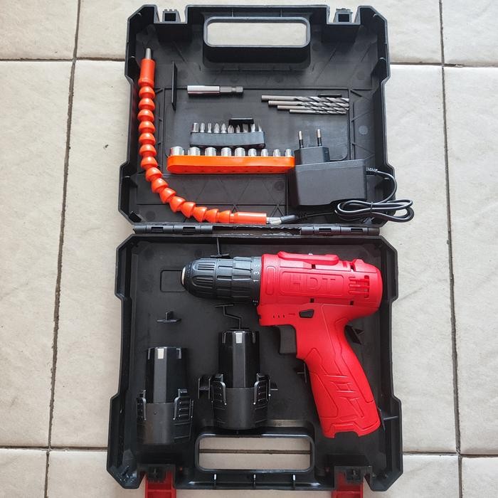 Mesin Bor Baterai Cas Cordless Drill Set Mata Bor Obeng Sok Hdt Cdd405