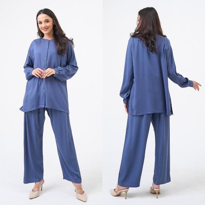 Nara Set One Set Rayon Polos Basic Celana Panjang Kemeja Panjang Sleepwear Piyama Baju Busui