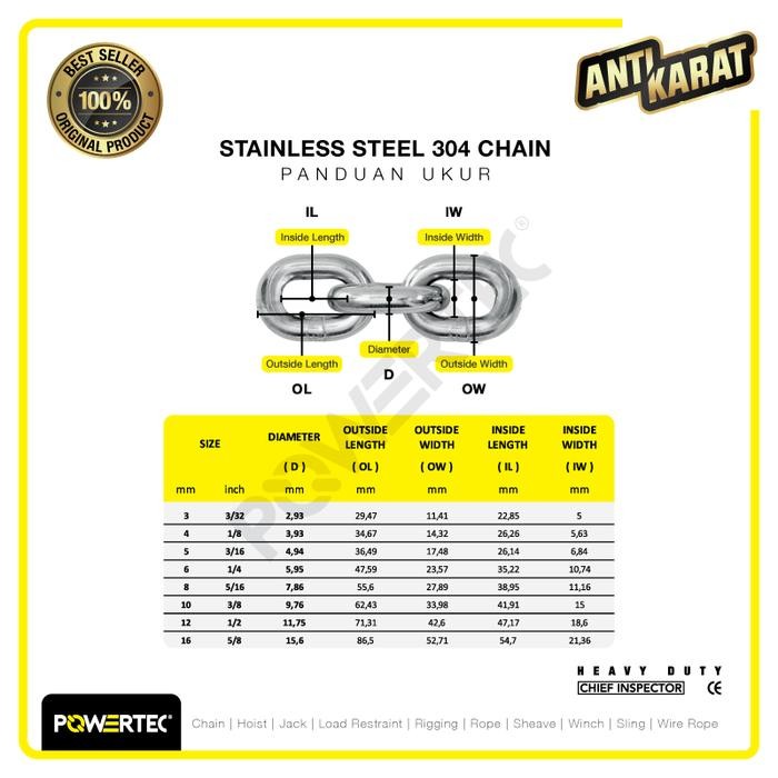 Rantai Ss 304 6Mm Stainless Steel Chain Powertec - Meteran Terbatas