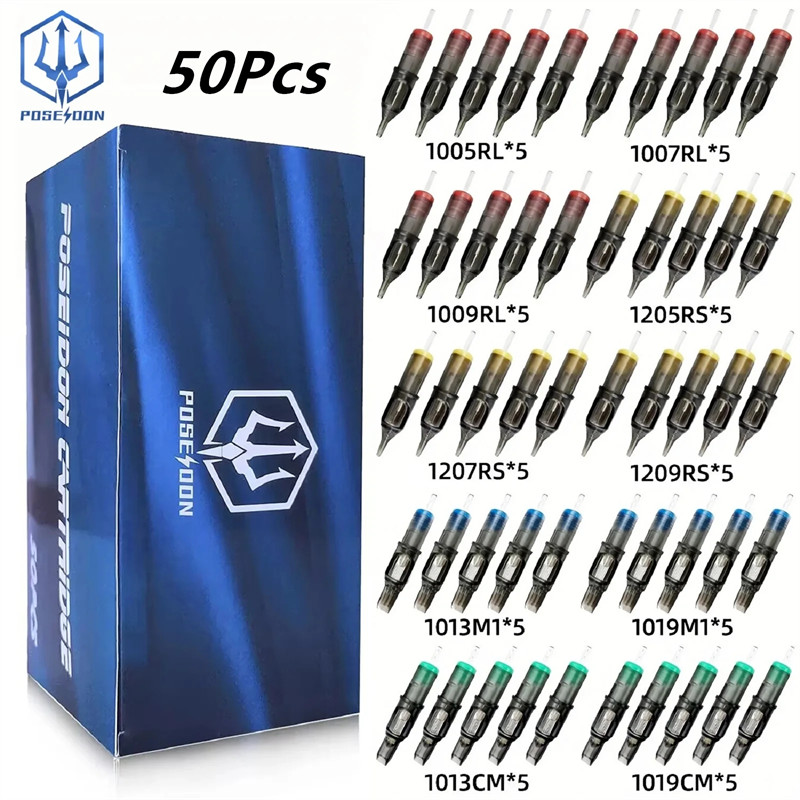 Tattoo Needle Poseidon 50Pcs Mixed Tattoo Needle For Permanent Makeup Tattoo Machine Kit Safety
