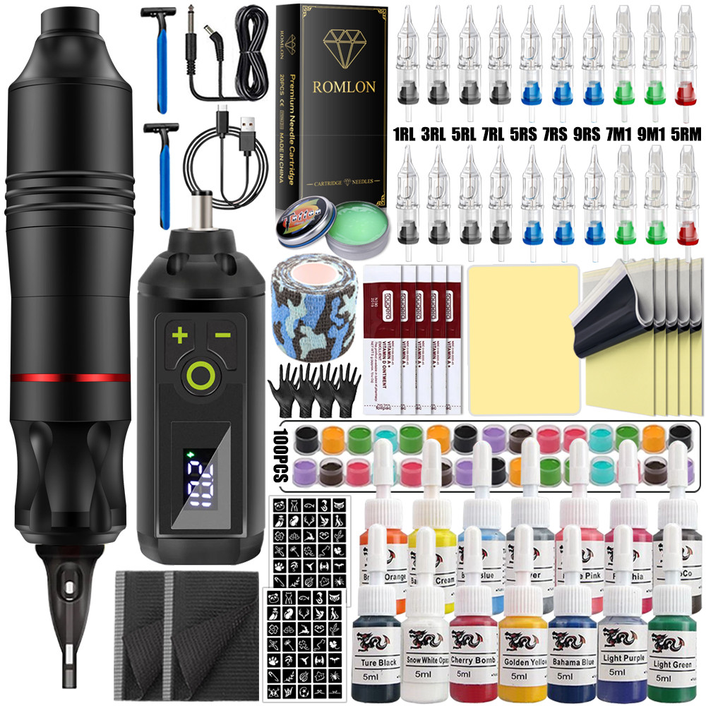 Wireless Tattoo Machine Kit Rotary Tattoo Pen Machine Set With Wireless Power Supply Needles Inks