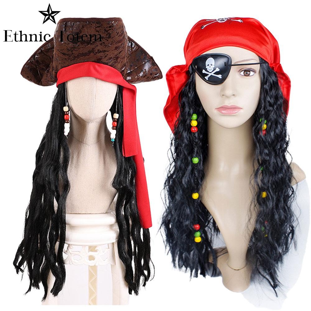 Captain Pirate Brown Hat Wig For Adult Jack Sparrow Faux Leather Hats With Hair Halloween Cosplay
