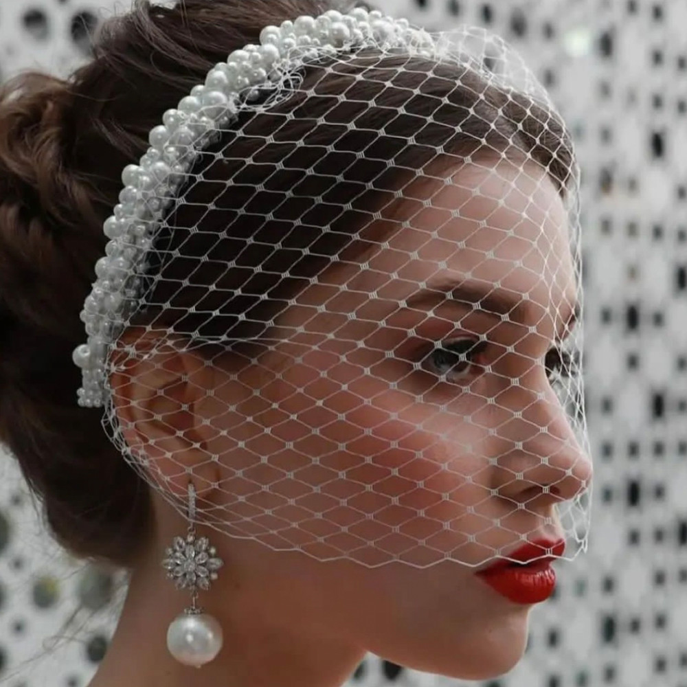 Jm26 Tulle Cage Veil With Pearls Wedding Birdcage Veil With Headband Face Cover Bride Headdress