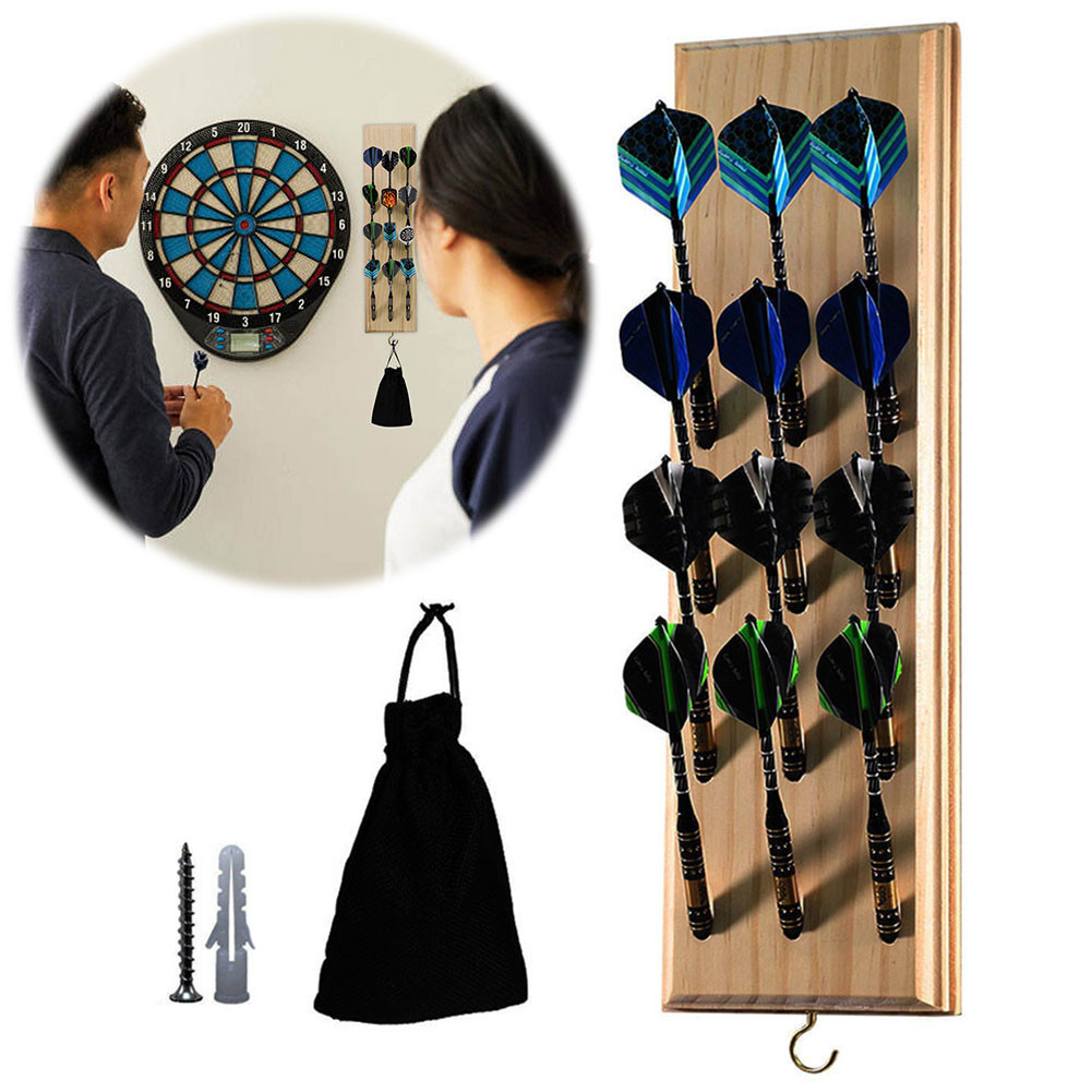 Dart Display & Stand Solid Wood Wall Mounted Dart Organizer with Accessory Storage Bag Displays 12 S