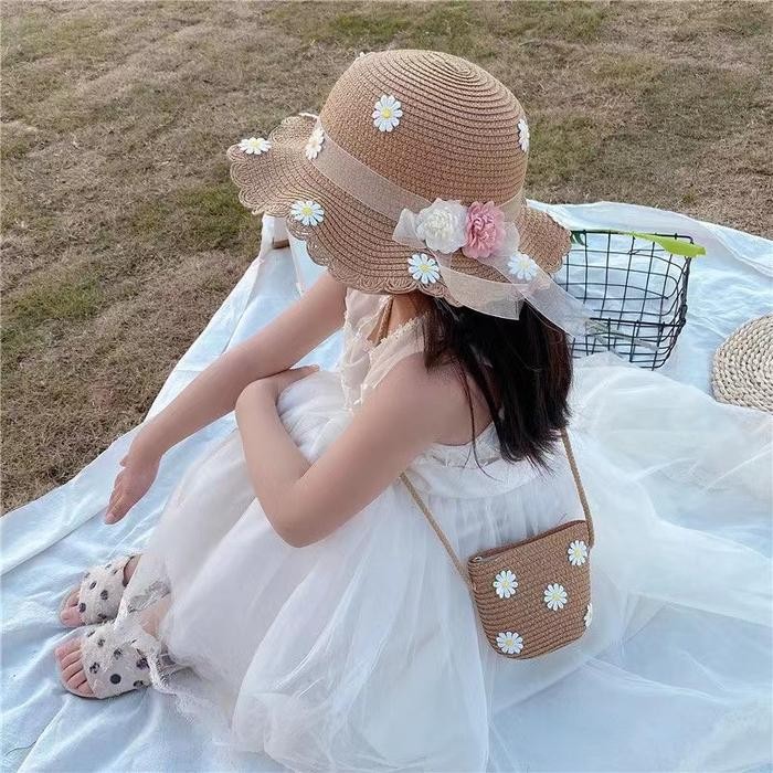 Topi Pantai Anak + Tas Jerami Rajut Bunga Korea Import 1 Set