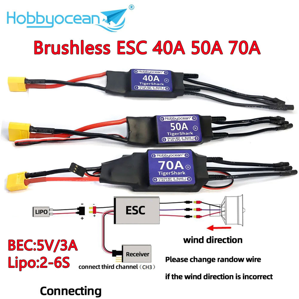 Hobbyocean Waterproof Brushless ESC 40A 50A 70A Electronic Speed Controller 5V/3A 2-6S for RC Boat