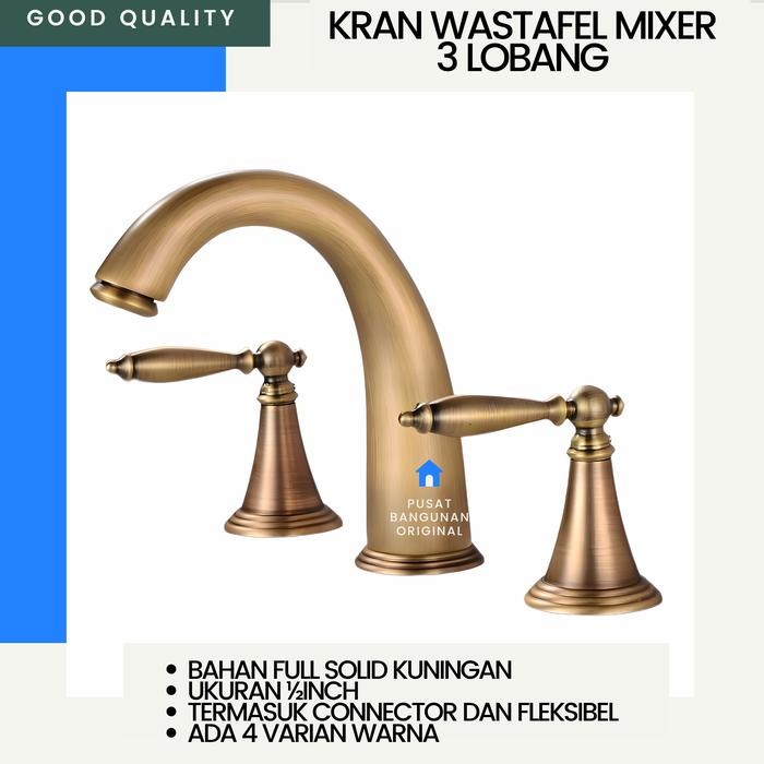 TERLARIS KRAN WASTAFEL 3 LUBANG PANAS DINGIN ANTIK BRASS BRONZE KERAN AIR MIXER