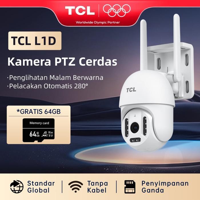 TCL Kamera CCTV Outdoor 2K 3MP dengan Kartu Memori 64GB Kamera Keamanan Luar Rumah 360 Putar
