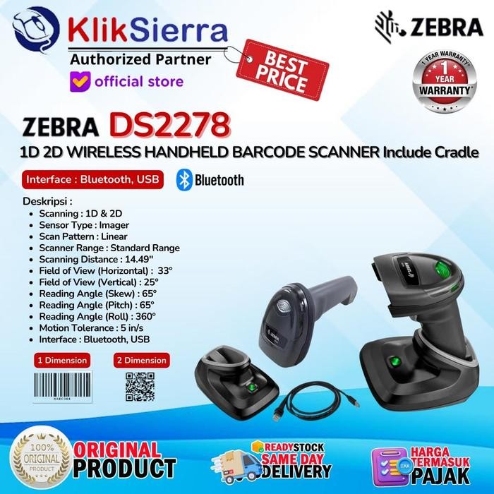 Promo Scanner Barcode Zebra Ds2278 Ds2278 - 1D 2D Wireless Bluetooth Barcode Scanner Include Cradle