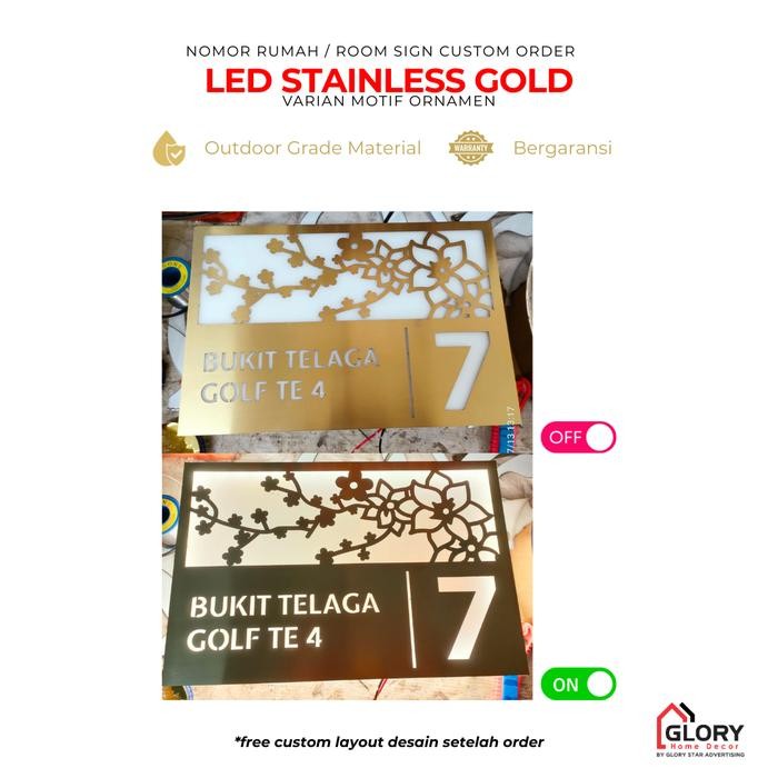 GHD NOMOR RUMAH LED LASER CUT STAINLESS GOLD CUSTOM VARIASI MOTIF ORNAMEN