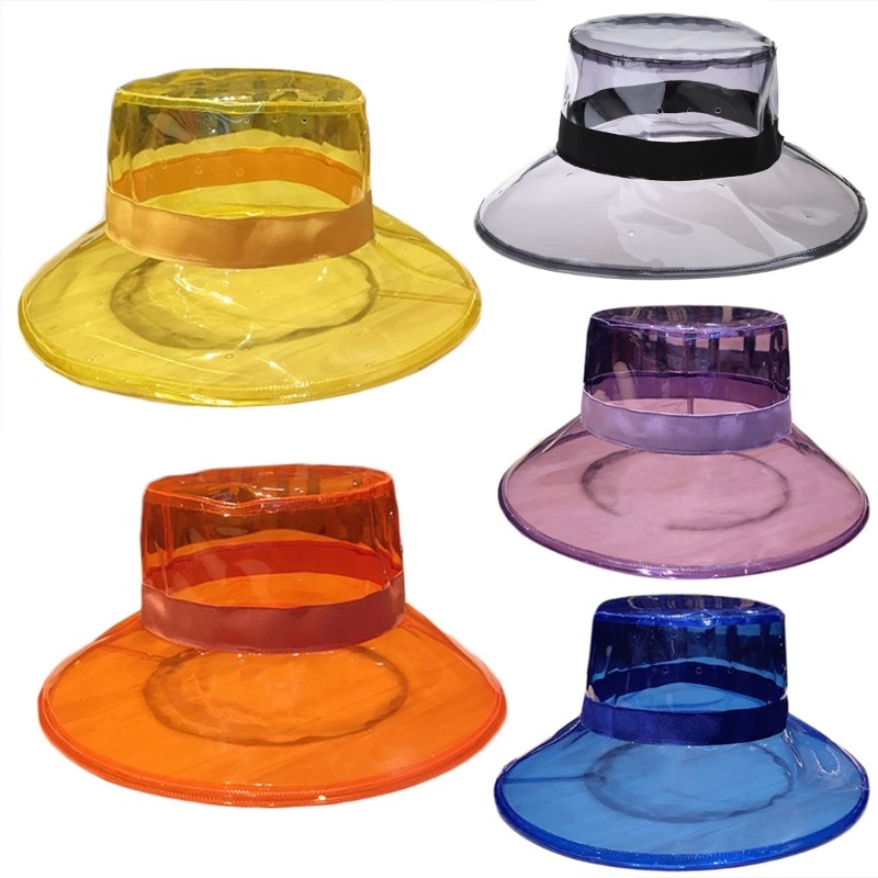 Women Men Summer PVC Transparent Bucket Hat Bright Jelly Solid Color Wide Brim Breathable Waterproof