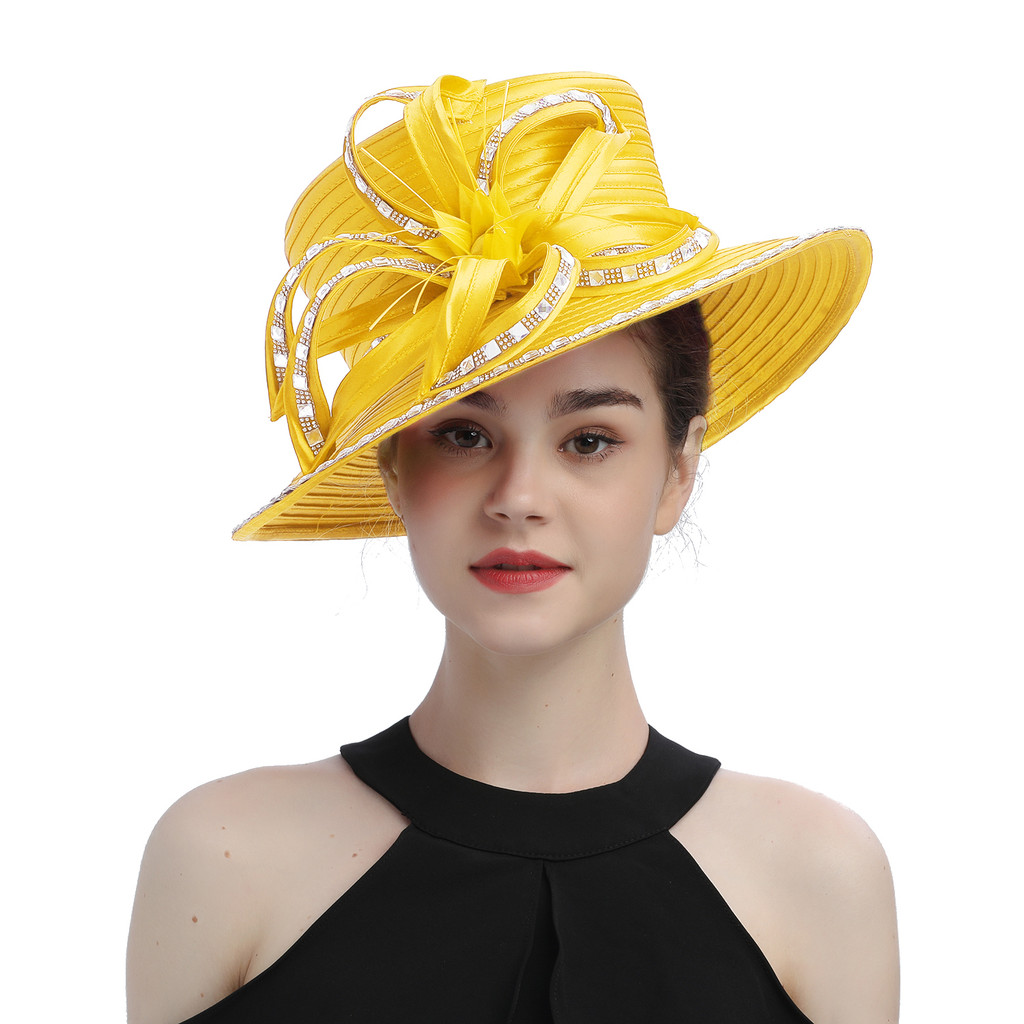 Yellow Fashion Satin Cloth Church Hat Deluxe Luxury Elegant Photography Hat Beauty Fancy Formal
