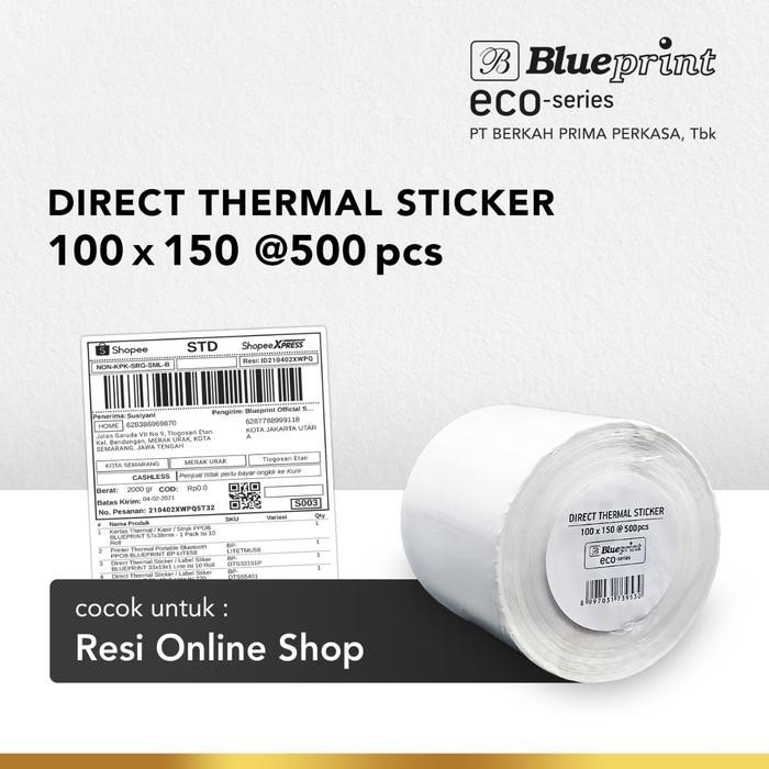 

100x150 mm isi 500pcs ECO BLUEPRINT Direct Thermal Sticker Label Resi Terlaris