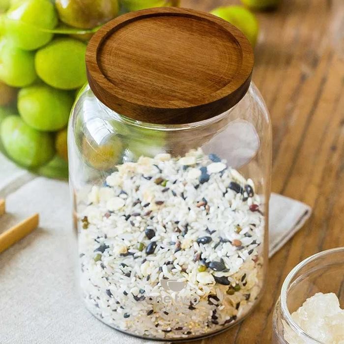 Toples Kaca Jumbo Unik Tutup Kayu Tempat Makanan Gula Teh Kopi Estetik