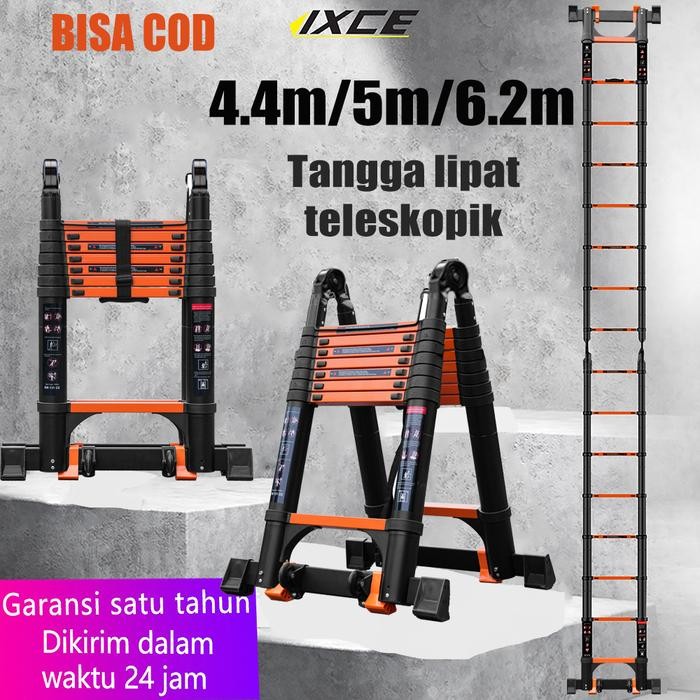 

Terlaris Ixce Tangga Lipat Aluminium 4.4M/5M/6.2M Double Telescopic Ladder Tangga Teleskopik Hitam