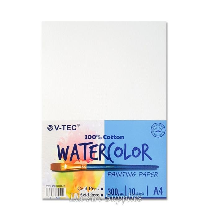 

V-TEC A4 WATER COLOUR PAPER 300GSM - 10 SHEETS COTTON COLD PRESSED / KERTAS CAT AIR A4 WATERCOLOR