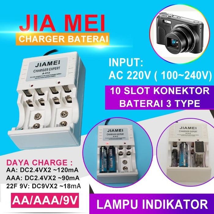 Charger Baterai JIAMEI AA AAA 9V Kotak Batre A2 A3 Cas Batu 4 Slot