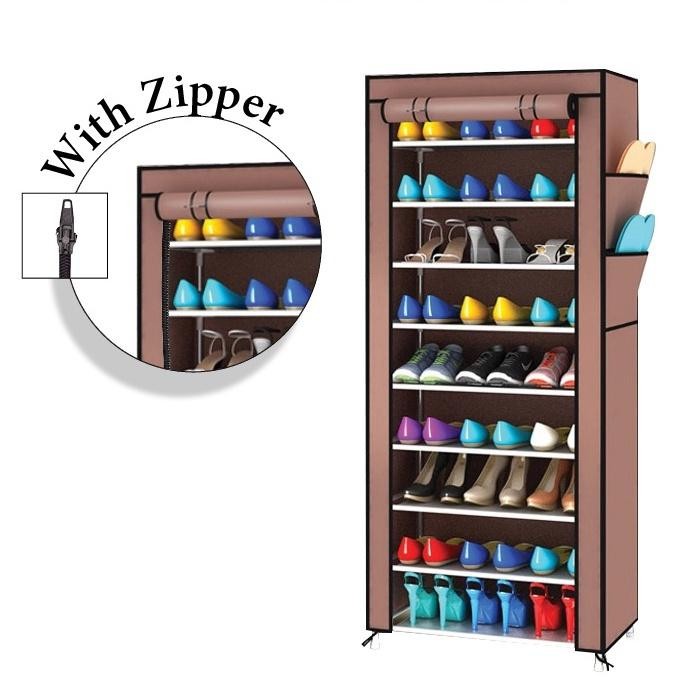 Rak Sepatu 10 Susun ( 9 Sekat ) Bongkar Pasang Dengan Cover + Resleting Rak Baju Tas Serbaguna
