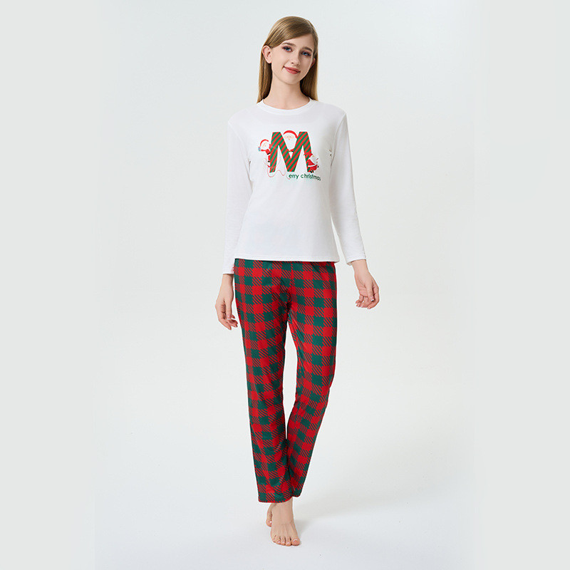 Merry Christmas Print Pajamas Autumn Winter Homewear Red Green Plaid Long-sleeved Suit T Shirt Top a