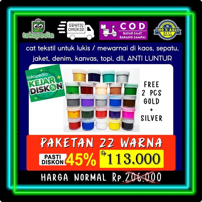

22 Warna Paket - Cat Tekstil / Lukis utk kaos / kanvas / tas / sepatu