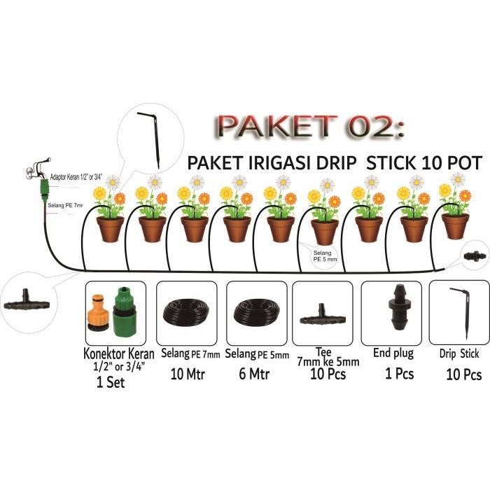 Paket Irigasi Pot Stick Drip Bengkok 10 Pot / Drip Tetes / Paket 02