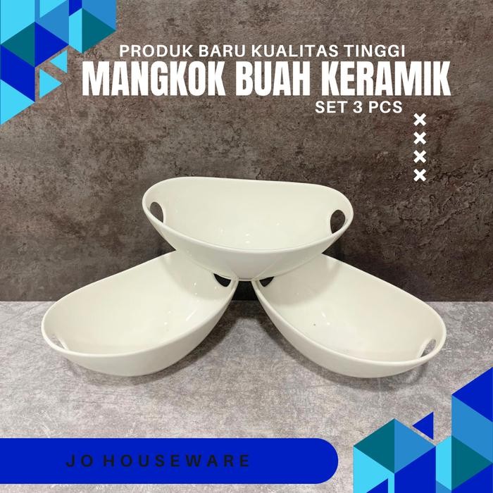 SET 3 PCS Mangkok buah oval keramik berhandle keramik putih polos ukuran 23 x 13cm / mangkok saji