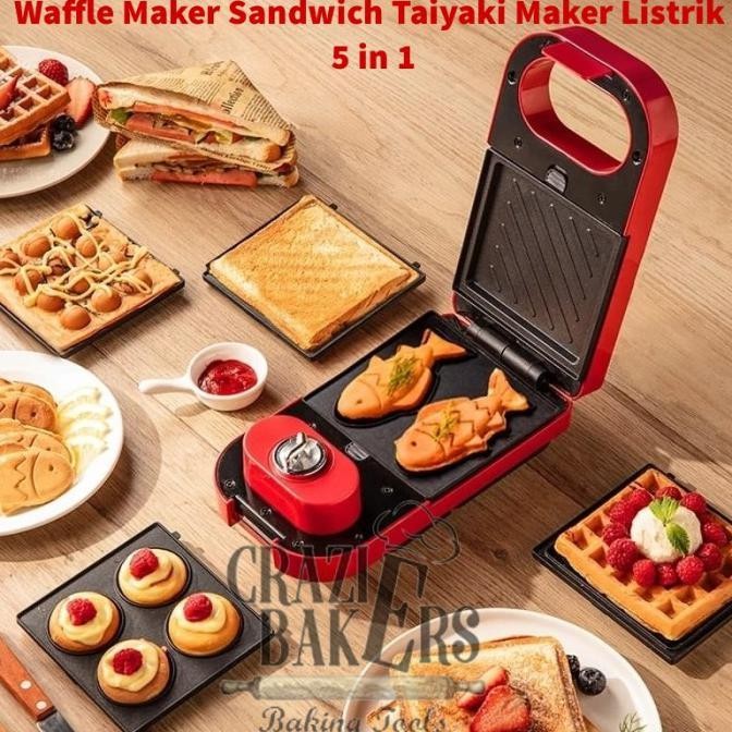 Waffle Maker Sandwich Taiyaki Maker Listrik 5 In 1 - Merah