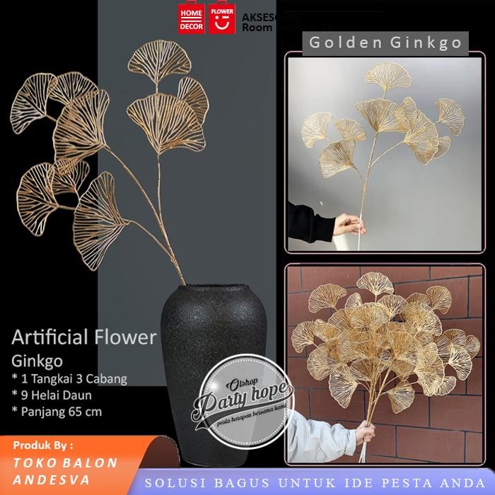 Bunga Daun Artificial Ginkgo Gold / Tanaman Palsu Bunga Plastik Artificial Ginkgo Gold / Bunga Imlek