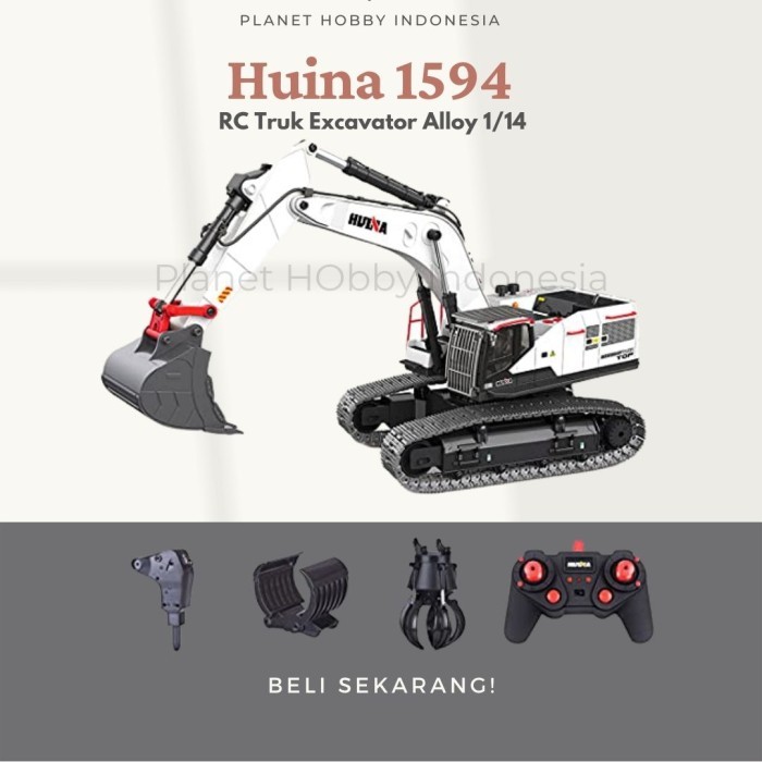 Huina 1594 RC Truk Excavator Alloy 1/14 2.4G Alat Berat ber Drill