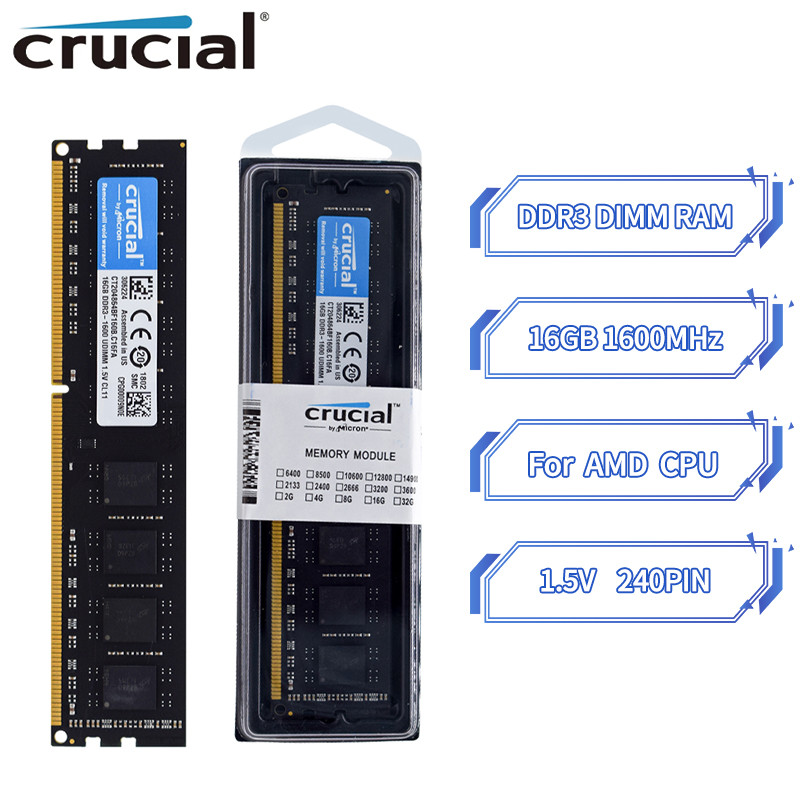 Crucial RAM DDR3 16GB 1600MHz PC3-12800 for AMD CPU Motherboard Memory Ram 240pin 1.5V PC Memory RAM