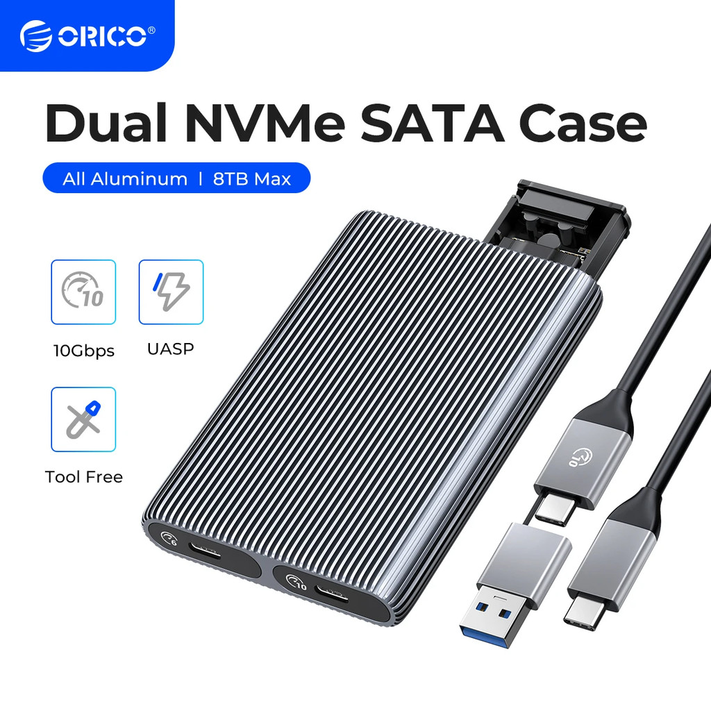 ORICO Dual Bay Aluminum M2 NVMe SSD Enclosure USB3.1 Gen2 10Gbps For M Key M&B Key NVMe PCIe SSD Wit