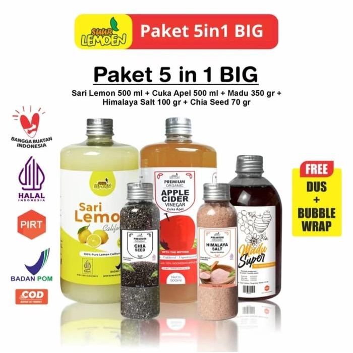 

SUUR LEMOEN Paket 5 in 1 BIG Cuka Apel Sari Lemon Madu Hutan Chia Seeds Garam Himalaya - SUURLEMOEN