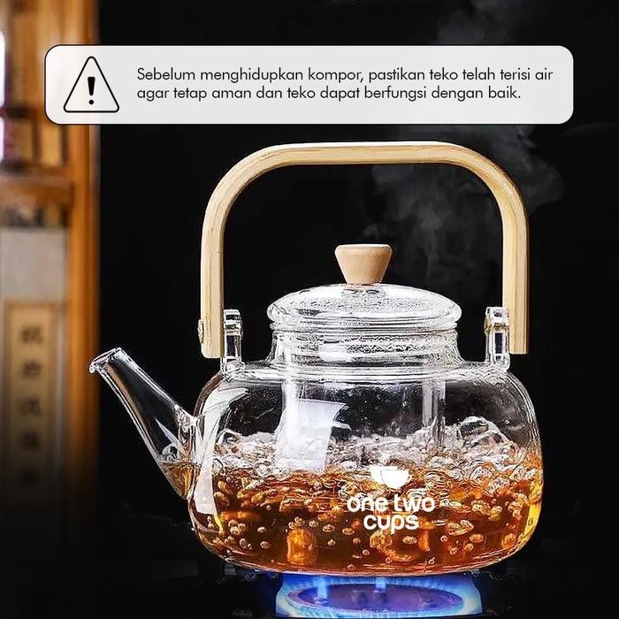 Teko Teh Kopi 1 Liter Gagang Kayu dengan Saringan Kaca / Ceret Kaca Pemanas Air dengan Saringan